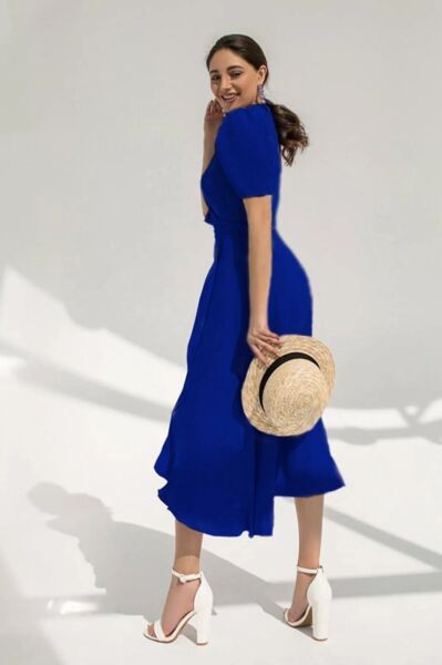 Kadın Kruvaze Yaka Midi Boy Kuşaklı Krep Elbise 120 Cm