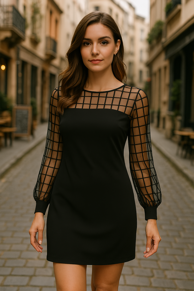 Kadın Uzun Kollu Geometrik Tül Detaylı Ithal Krep Elbise