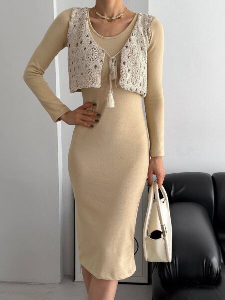 Kadın Bisiklet Yaka Midi Boy Elbise Ve Dantel Güpür Detay Yelek Fırsat ürün Ikili Takım