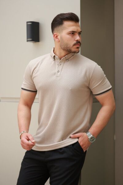 Erkek Düğmeli Yaka Waffle Kumaş Kısa Kollu Tişört