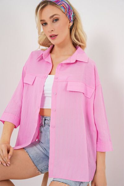 Cep Detaylı Kısa Kol Gömlek 20317 - Pembe