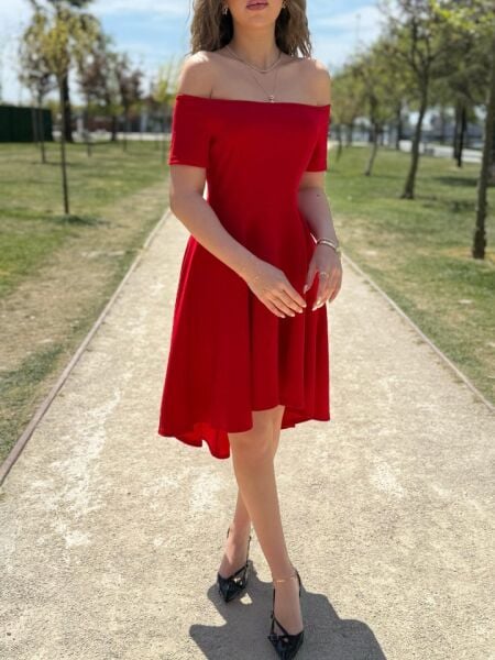 Kadın Kısa Kollu Madonna Yaka önü Kısa Arkası Uzun Ithal Krep Elbise