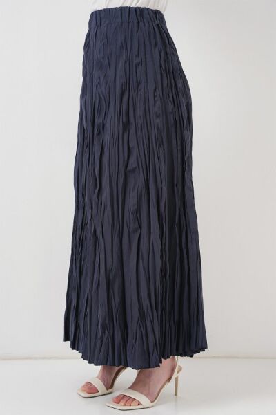 Uzun Kırışık Etek 8042 - Lacivert