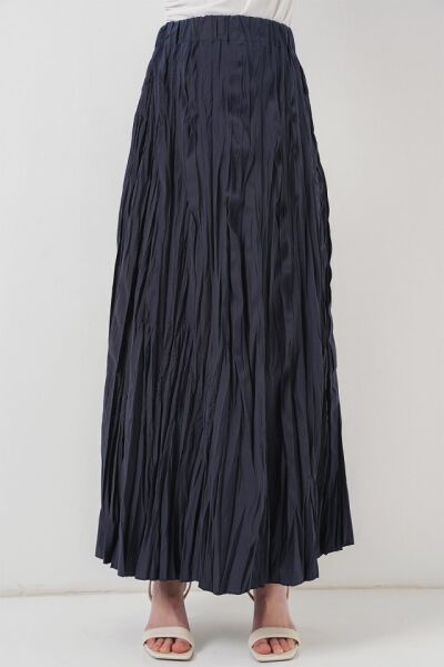 Uzun Kırışık Etek 8042 - Lacivert