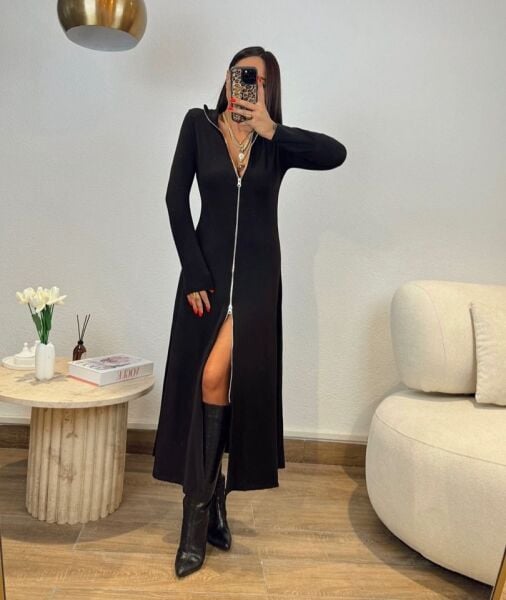 Kadın Uzun Kollu önden Fermuarlı Ithal Krep Elbise