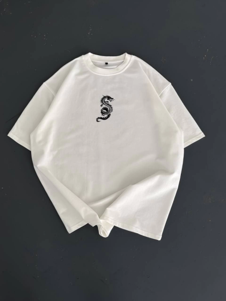 Baskılı Oversize Bisiklet Yaka T-shirt - Beyaz