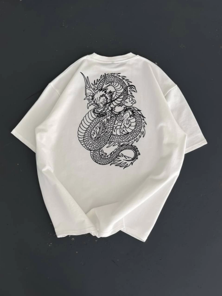 Baskılı Oversize Bisiklet Yaka T-shirt - Beyaz