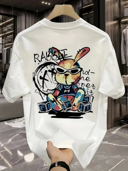 Baskılı Oversize Bisiklet Yaka T-shirt - Beyaz