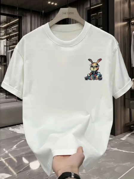 Baskılı Oversize Bisiklet Yaka T-shirt - Beyaz