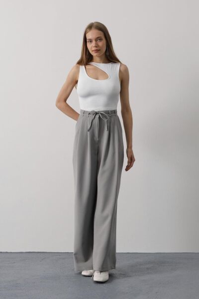 Pileli Bağcıklı Oversize Pantolon - Gri