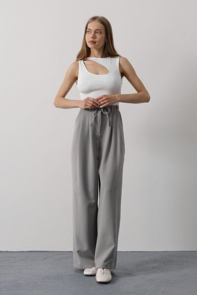 Pileli Bağcıklı Oversize Pantolon - Gri