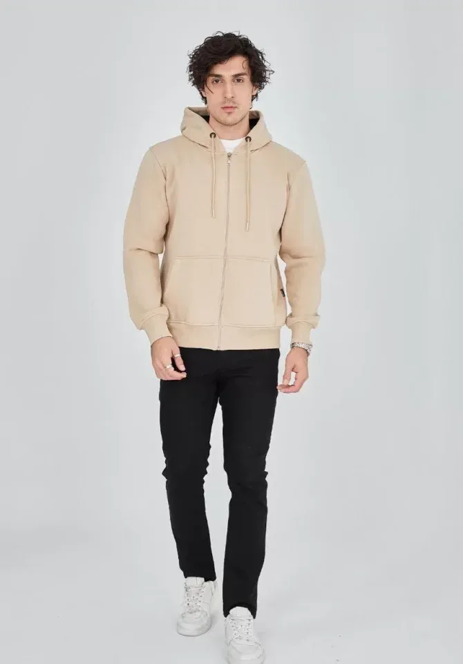 Unisex Tam Fermuarlı Kapşonlu SweatShirt - Bej
