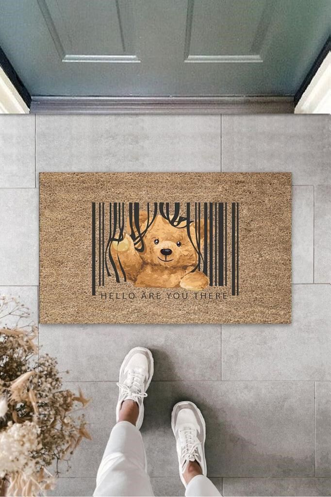 Kahverengi Kapı Önü Paspası Hello Are You There Ayıcık Desen K-3283