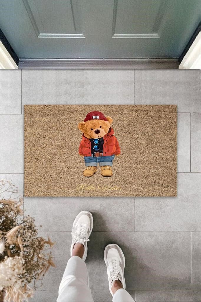 Kahverengi Kapı Önü Paspası Hello Winter Ayıcık Desen K-3245