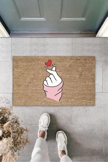 Kahverengi Kapı Önü Paspası Parmak Kalp Figürü Desen K-3234