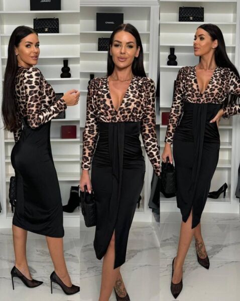 Kadın Dijital Baskılı Full Likralı Kristal örme Kumaş Drape Detaylı Yırtmaç Dekolteli Midi Boy Elbise