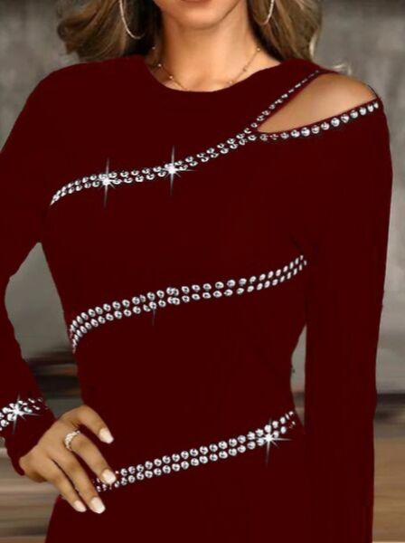 Kadın Uzun Kollu Omuz Pencere Detay Taş Işlemeli Dalgıç Mini Elbise