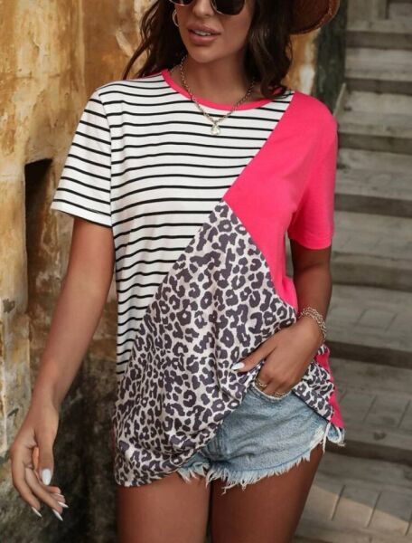 Kadın Süprem Kumaş Leopar Desenli Ve Cizgili Oversize Bluz