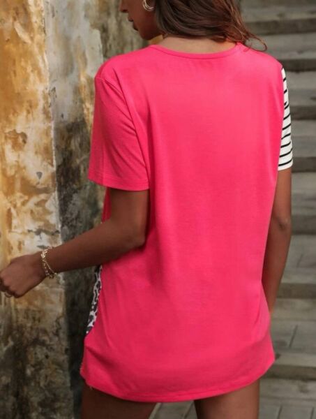 Kadın Süprem Kumaş Leopar Desenli Ve Cizgili Oversize Bluz