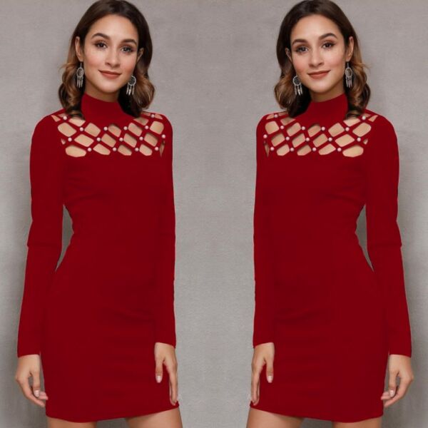 Kadın Uzun Kollu Bisiklet Yaka Lazer Kesim Inci Detay Viskon Iki Iplik Mini Boy Elbise