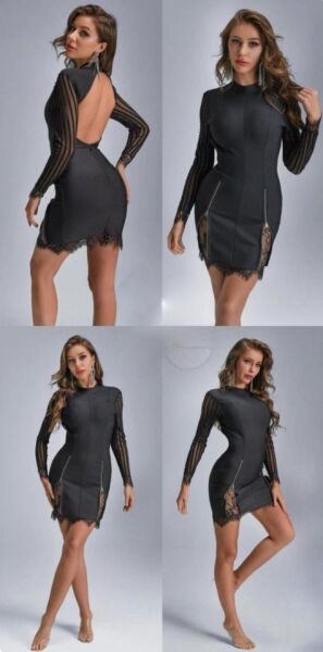 Kadın Kolları Ve Etek Ucu Dantel Detay Fermuar Dekolteli Skuba Kumaş Mini Elbise