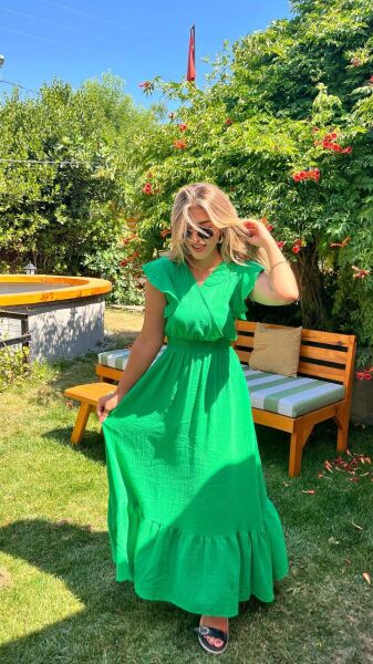 Kadın Kısa Kollu Kruvaze Yakalı Beli Lastikli Müslim Elbise