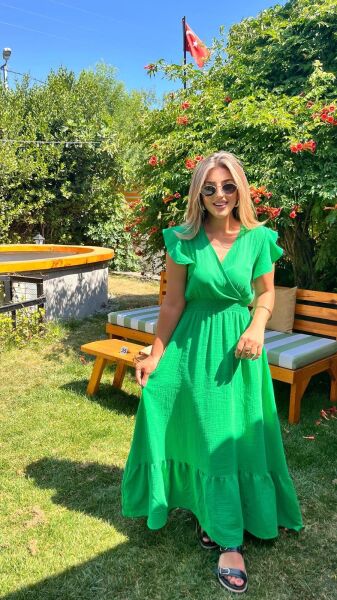 Kadın Kısa Kollu Kruvaze Yakalı Beli Lastikli Müslim Elbise