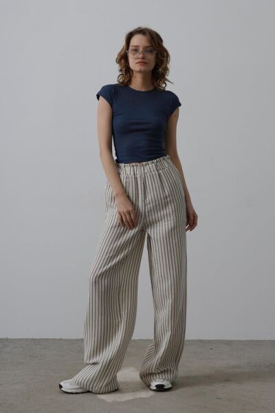 Çizgili Pamuklu Lastikli Pantolon - Bej-Lacivert