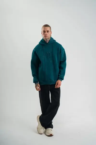 Unisex Uzun Kol Kapşonlu Yıkamalı Nakışlı SweatShirt - Koyu Deniz Yeşili