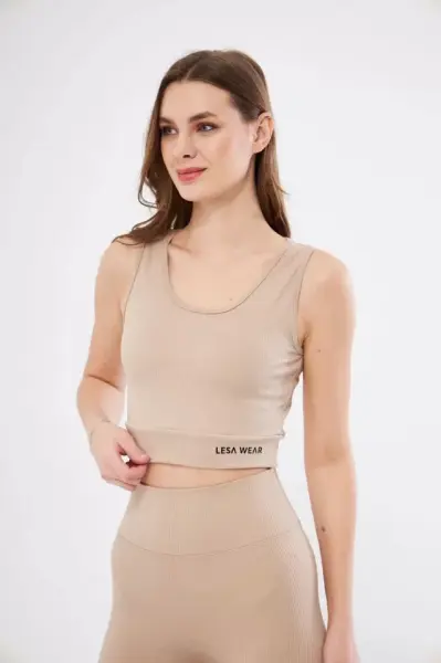 Fitilli Baskılı Crop - Bej