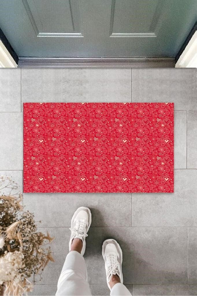 Kırmızı Kapı Önü Paspası Çoklu Kalpler Desen K-3220