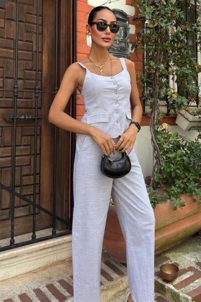 Kalın Askılı Bluz Pantolon Keten Takım 10187