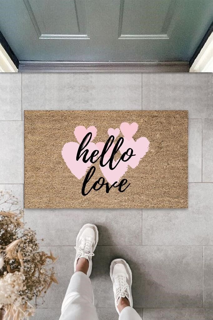Pembe Kapı Önü Paspası Hello Love Desen K-3291