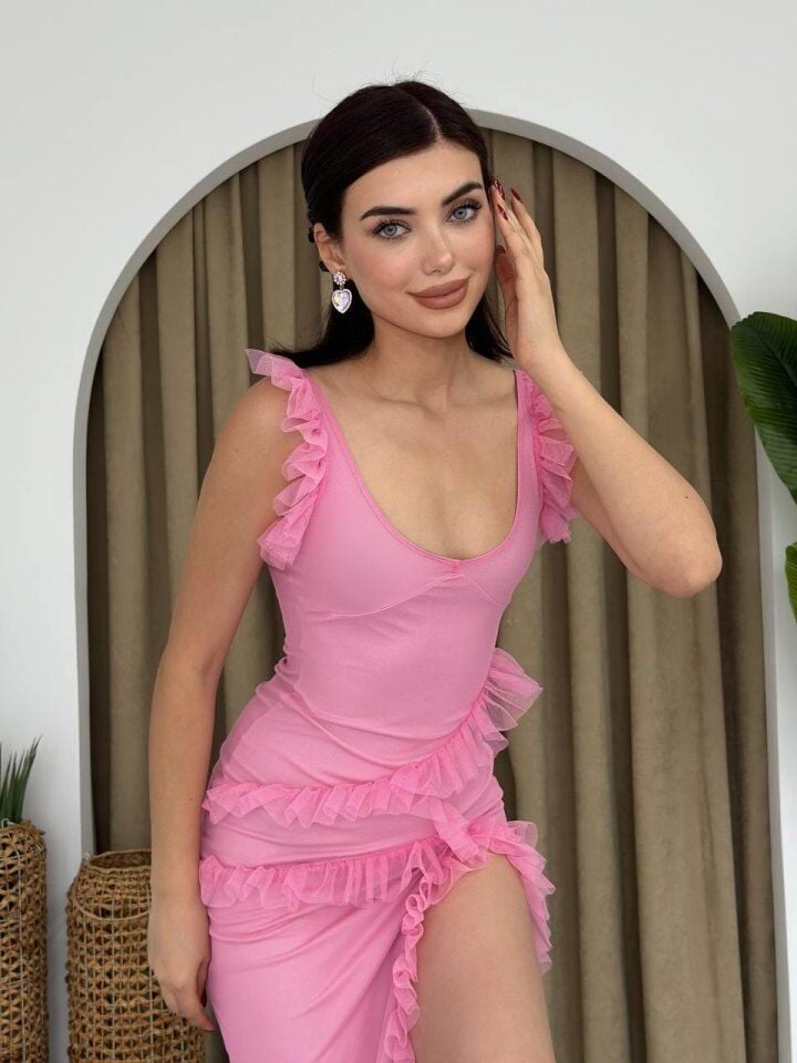 Felix Yırtmaçlı Midi Tül Elbise