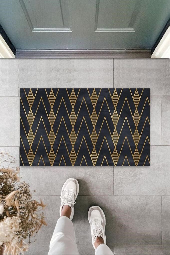 Siyah-Gold Kapı Önü Paspası Zigzag Desen K-3209