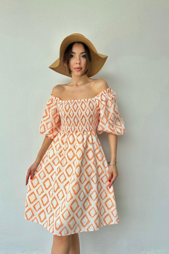 Oranj Kare Desenli Yazlık Elbise