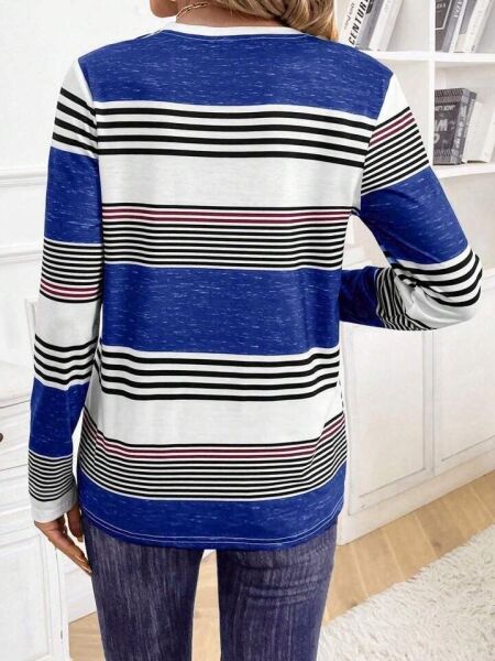 Kadın Uzun Kollu Bisiklet Yaka Düğme Detaylı Desenli Süprem Bluz