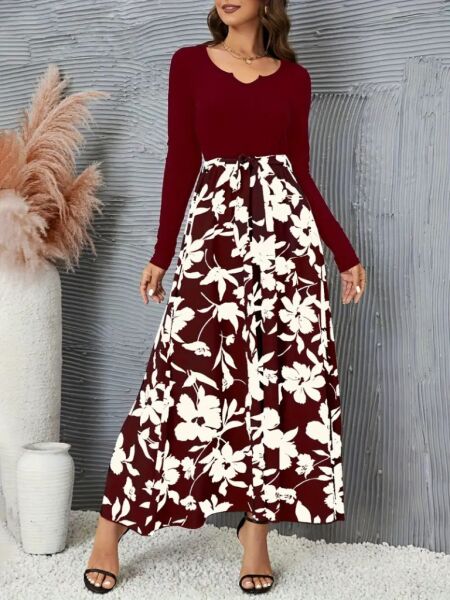 Kadın Uzun Kollu Yaka Açık üst Kaşkorse Beli Kuşaklı Alt çiçek Baskılı Dalgıç Elbise