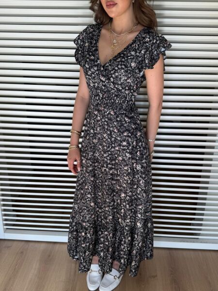 Kadın Kısa Kollu Kruvaze Yaka Beli Lastikli çiçek Desenli Elbise