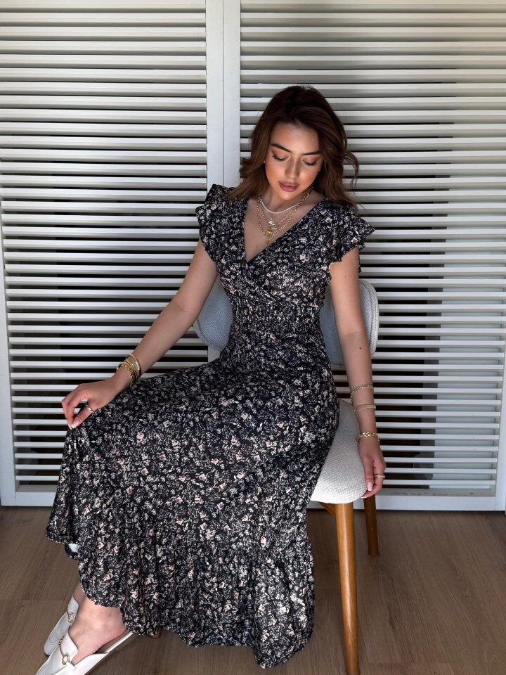 Kadın Kısa Kollu Kruvaze Yaka Beli Lastikli çiçek Desenli Elbise