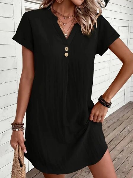 Kadın Kısa Kollu V Yakalı Düğmeli Müslim Kısa Elbise
