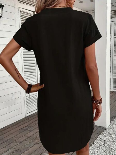 Kadın Kısa Kollu V Yakalı Düğmeli Müslim Kısa Elbise