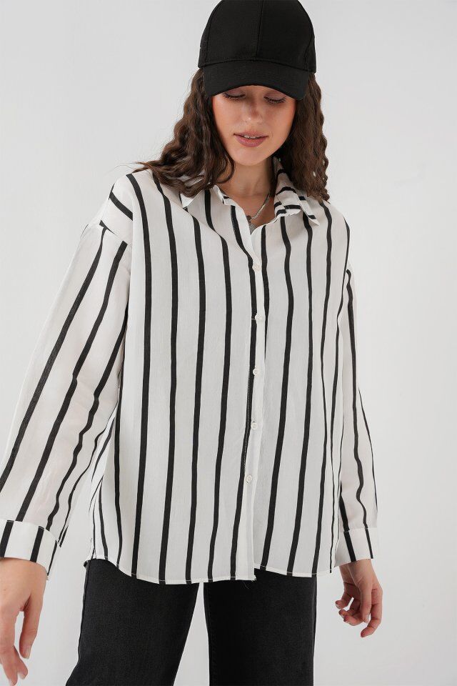 20254 Çizgili Oversize Basic Gömlek - Siyah - Beyaz