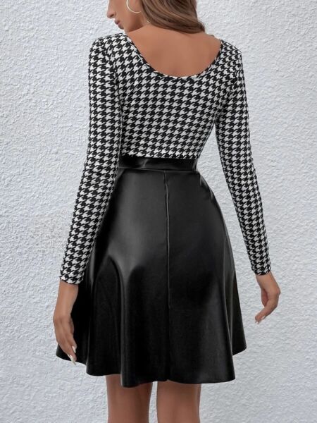 Kadın Uzun Kollu Kare Yakalı üst şardonlu Dalgıç Alt Deri Kısa Elbise