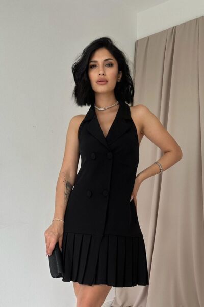 Siyah Sırtı Açık Ceket Yakalı Elbise