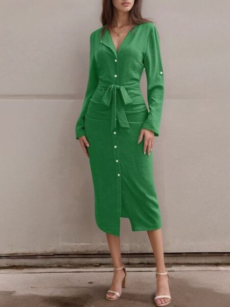 Kadın Uzun Kollu önden Düğmeli Beli Kuşaklı Aerobin Midi Elbise