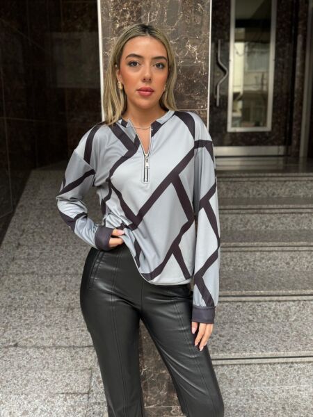 Kadın Uzun Kollu Yuvarlak Yaka Fermuarlı Desenli şardonlu Bluz