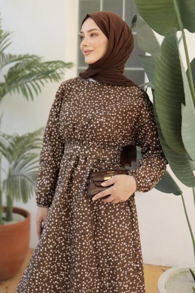 Kadın Papatya Desen Bisiklet Yaka Belden Bağlamalı Elbise