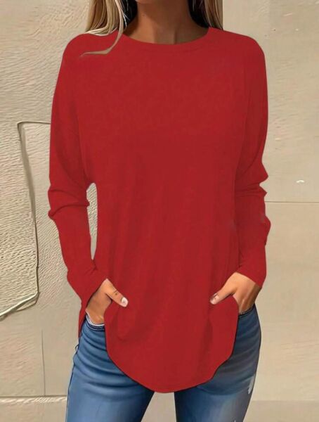 Kadın Uzun Kollu Yuvarlak Yaka Salaş Iki Iplik Bluz