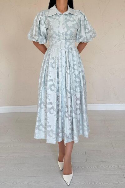 Mint Kemerli Balon Kollu Elbise